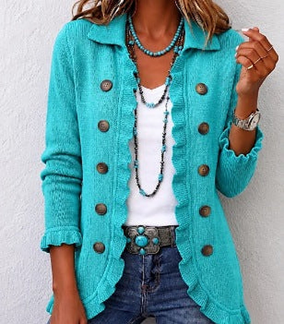 Emeline | Turquoise Ribbed Knit Ruffle Jacket, colour Turquoise