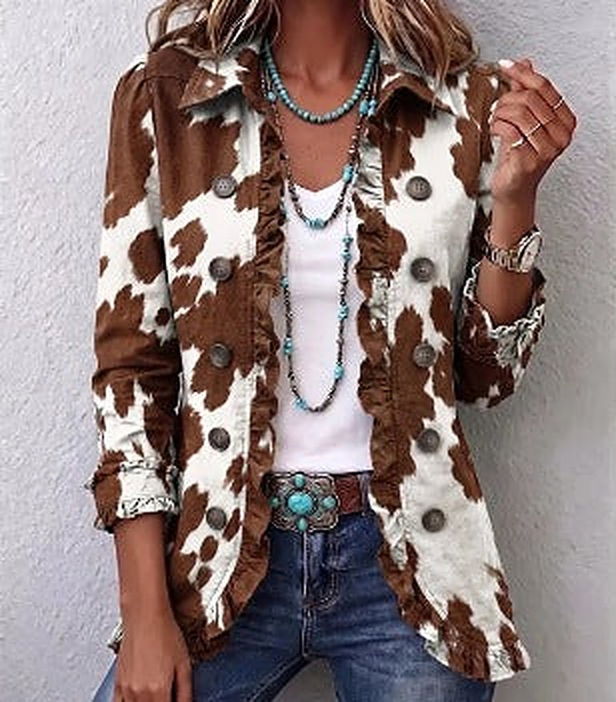 Emmie | Brown Cow Print Ruffle Jacket