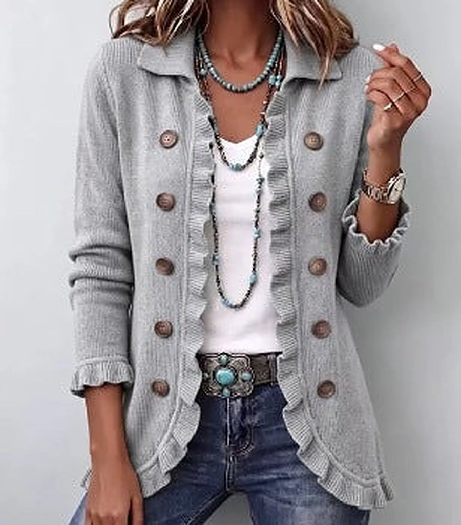 Enid | Grey Ribbed Knit Ruffle Jacket