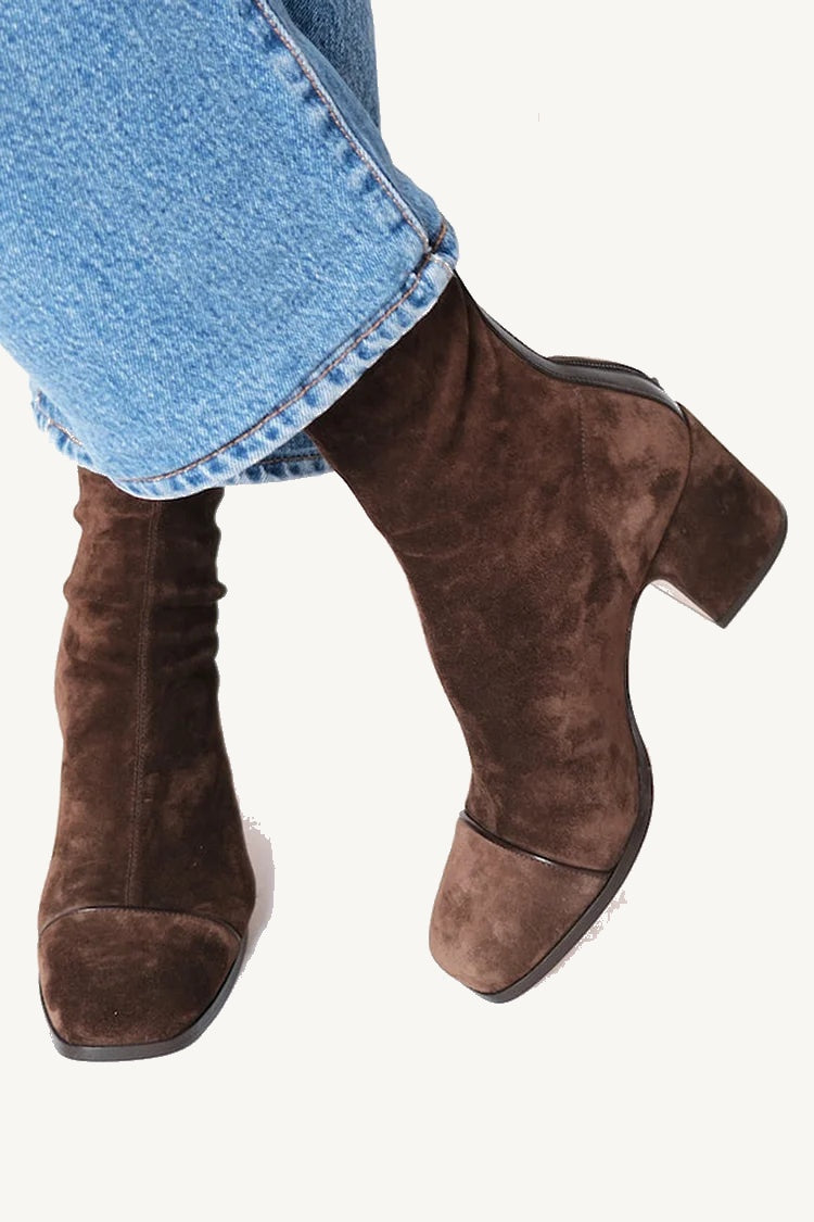 Erica | Square Toe Suede-Look Ankle Boots, colour Dark Brown