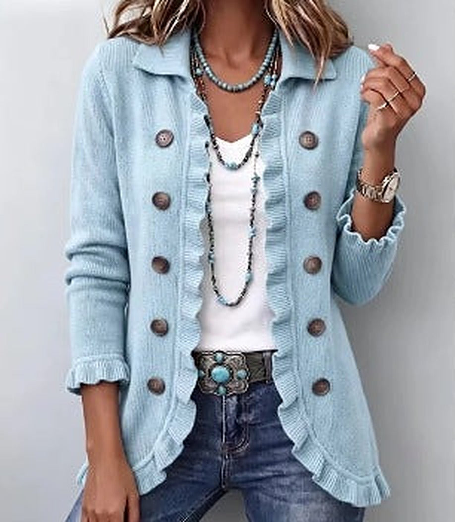 Ernestine | Powder Blue Ribbed Knit Ruffle Jacket, colour Powder Blue