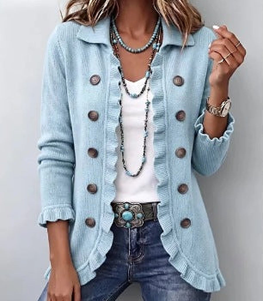 Ernestine | Powder Blue Ribbed Knit Ruffle Jacket
