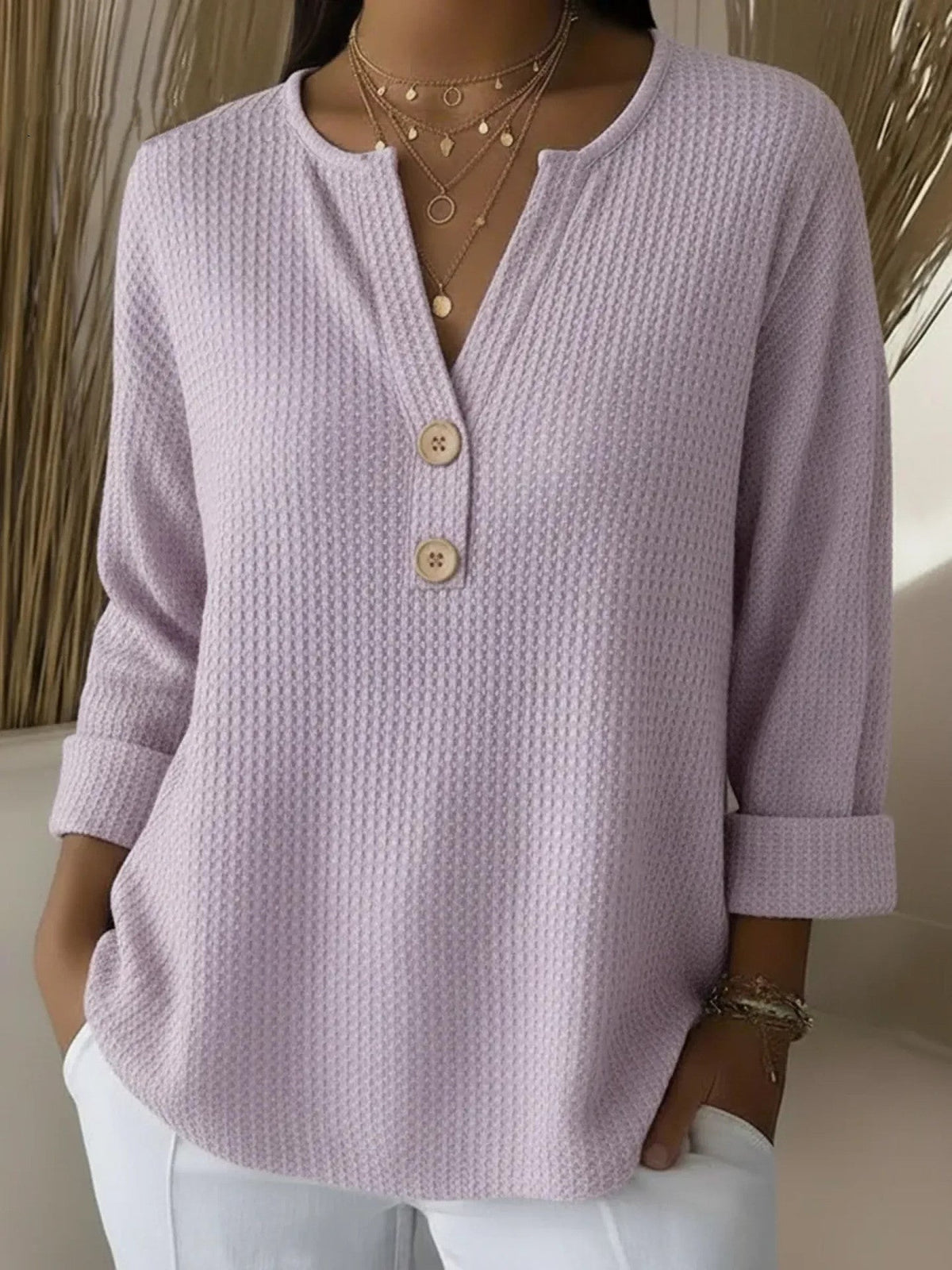 Esme | Waffle Henley Top, colour Lilac