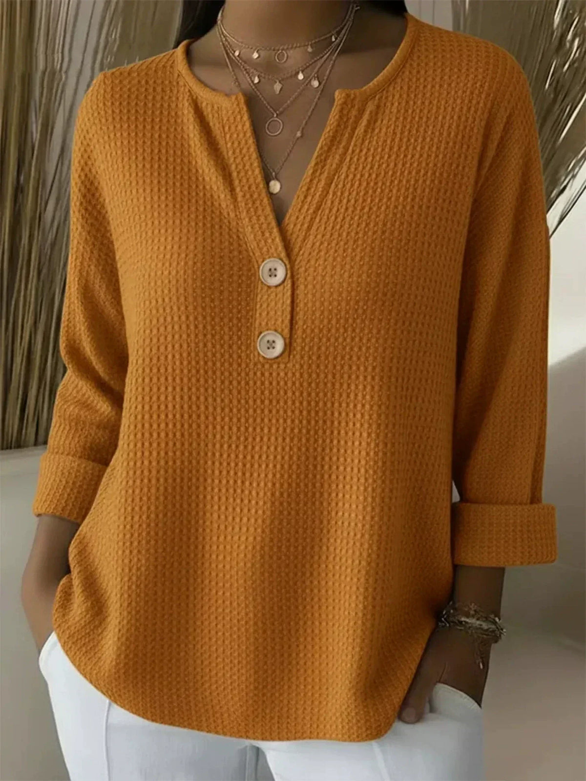 Esme | Waffle Henley Top, colour Orange
