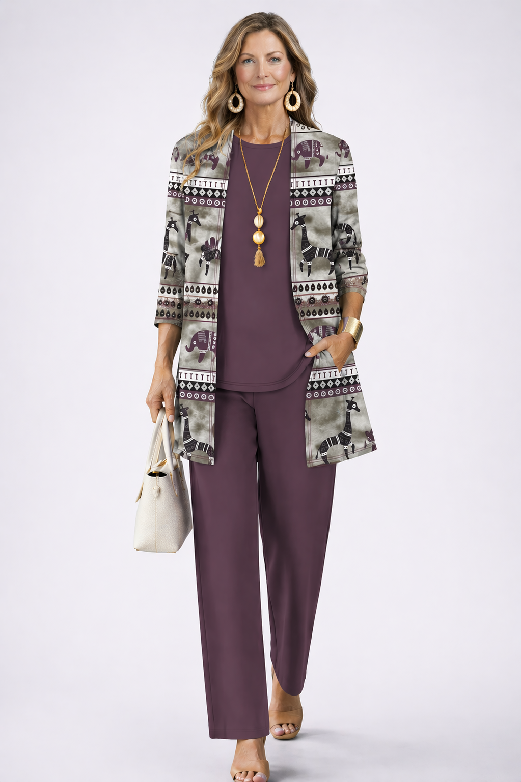 Estella | Dark Mauve Folk Print Three-Piece Set, colour Dark Mauve