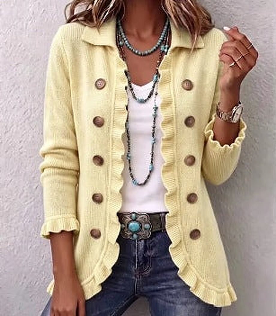 Eudora | Pale Yellow Ribbed Knit Ruffle Jacket, colour Pale Yellow