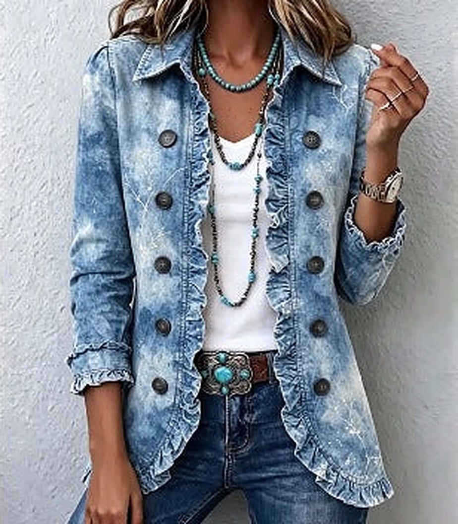 Eugenia | Blue Botanical Ombre Ruffle Jacket, colour Washed Blue
