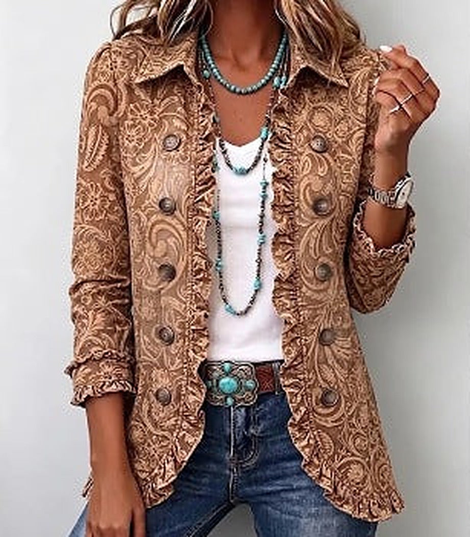 Evie | Copper Vintage Floral Ruffle Jacket, colour Copper Brown
