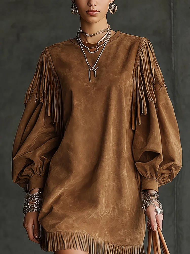 Fenella | Tan Suede-Look Fringe Sleeve Mini Dress, colour Tan