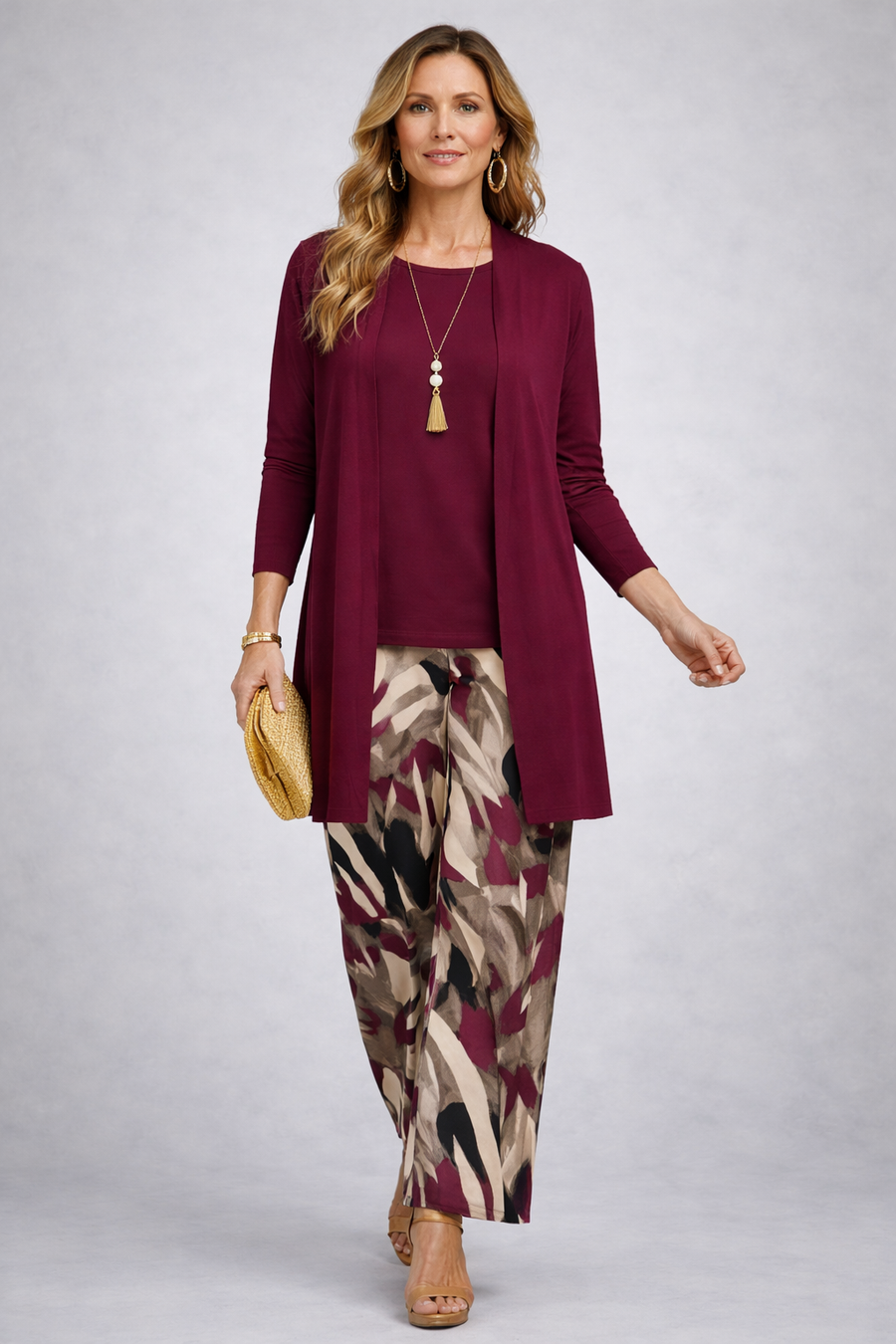 Freda | Burgundy Three-Piece Set with Abstract Trousers