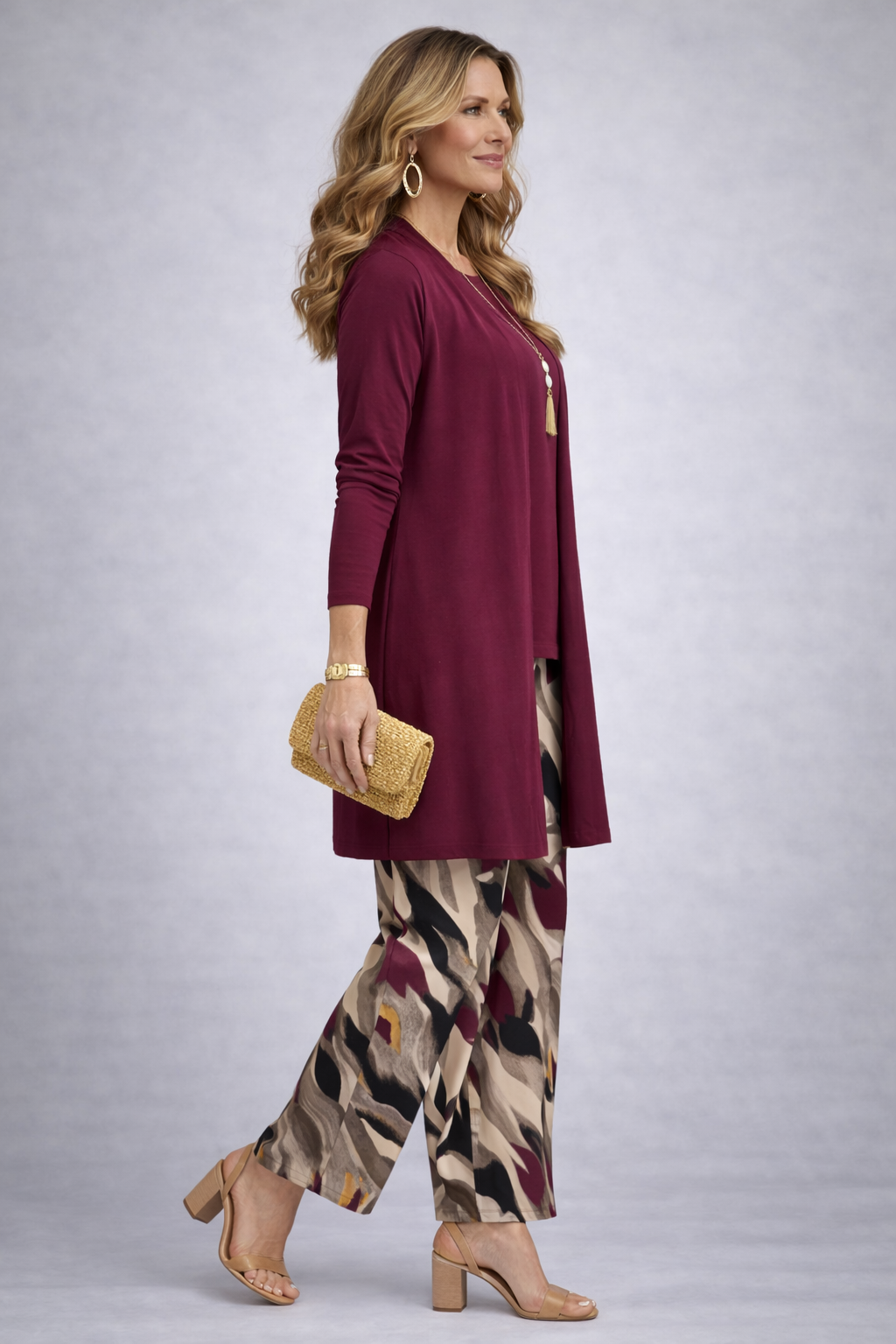 Freda | Burgundy Three-Piece Set with Abstract Trousers, colour Burgundy