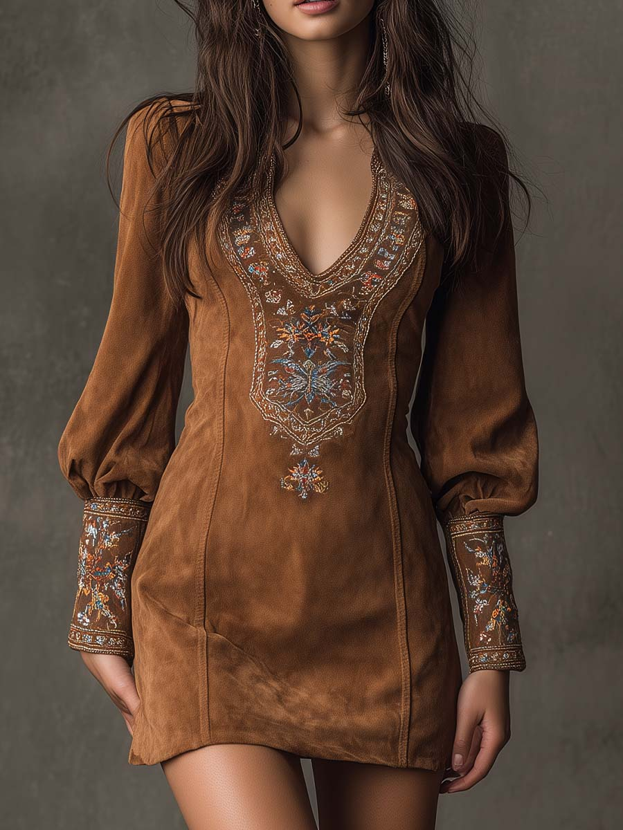 Genevieve | Embroidered Suede-Look Mini Dress, colour Brown