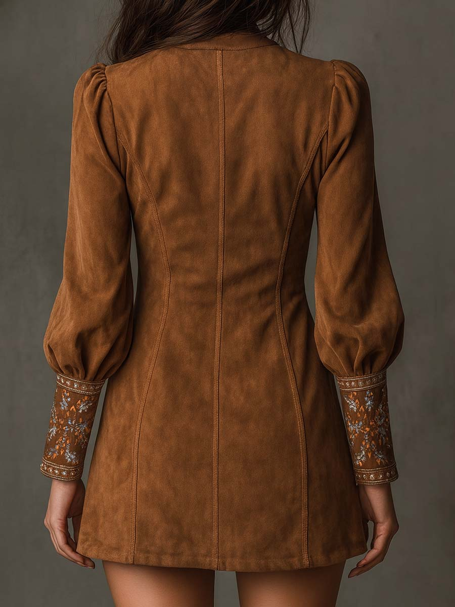 Genevieve | Embroidered Suede-Look Mini Dress, colour Brown