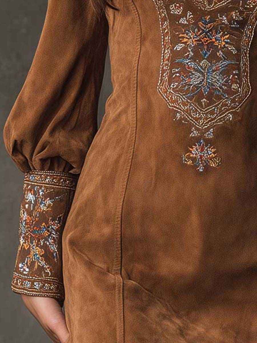 Genevieve | Embroidered Suede-Look Mini Dress, colour Brown