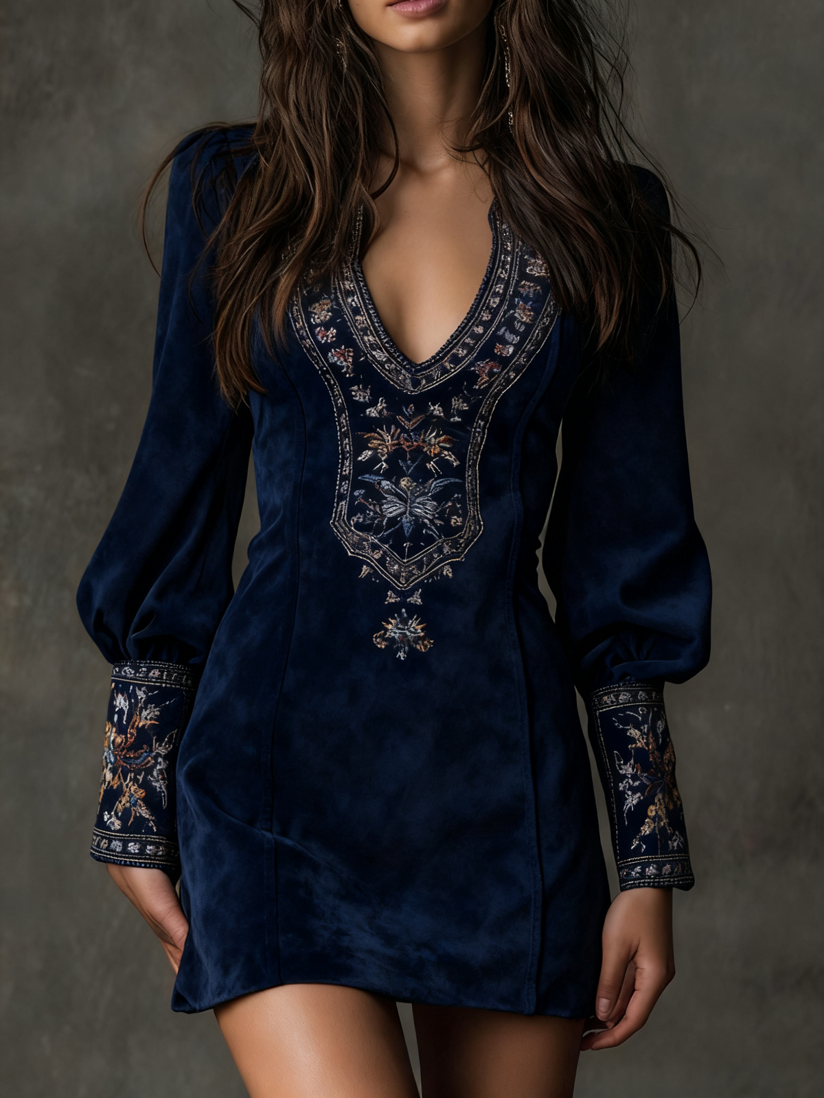 Genevieve | Embroidered Suede-Look Mini Dress, colour Navy