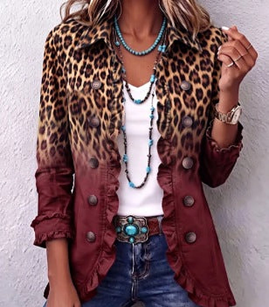 Georgette | Burgundy Leopard Ombre Ruffle Blazer