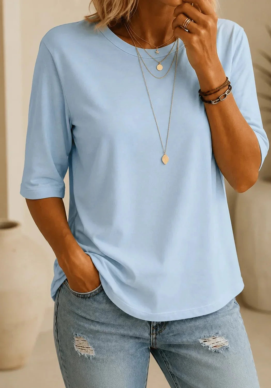 Grace | Light Blue Round Neck Tee, colour Light Blue
