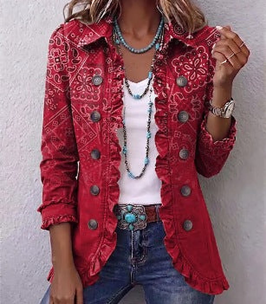 Gwyneth | Red Paisley Ombre Ruffle Jacket, colour Red