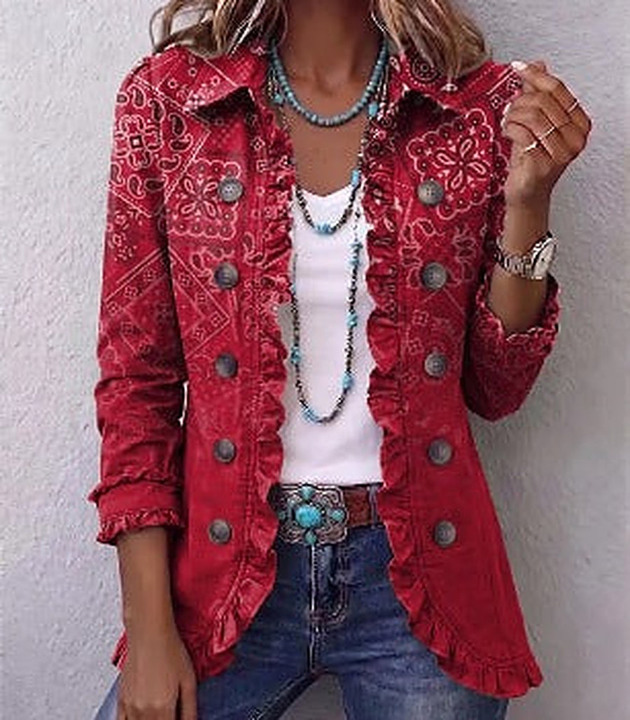 Gwyneth | Red Paisley Ombre Ruffle Jacket