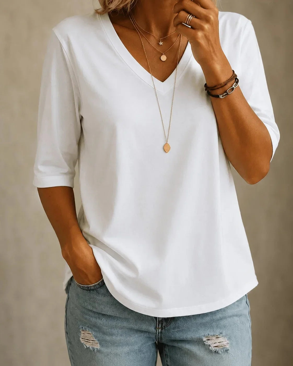 Hazel | White V-Neck Tee, colour White