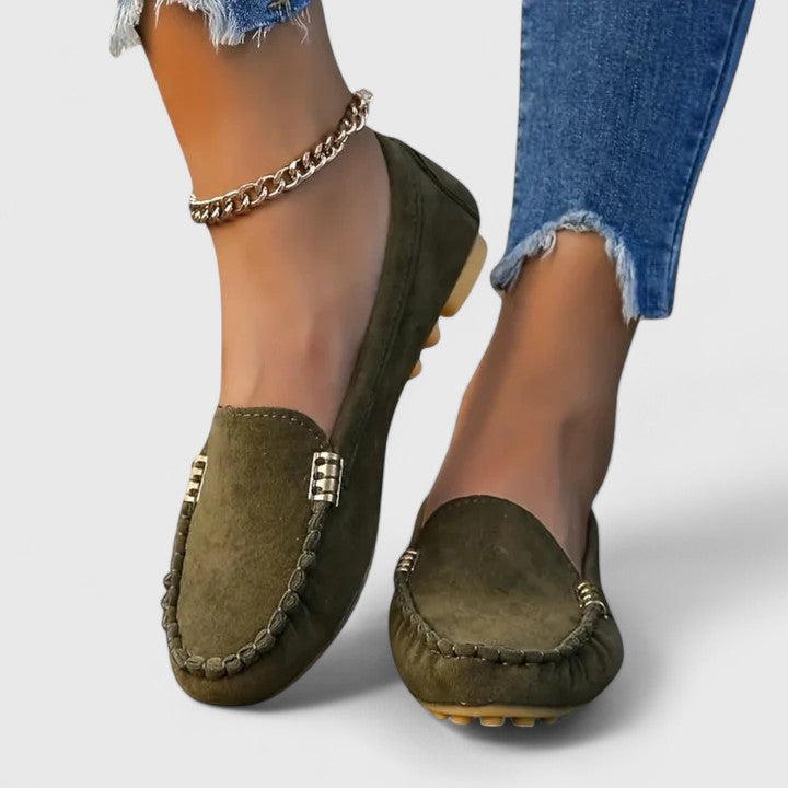 Heidi | Suede-Look Moccasin Loafers, colour Olive