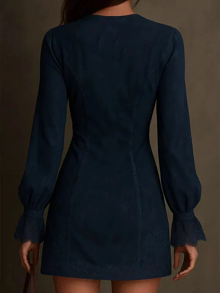 Isadora | Navy Suede-Look Lace Trim Mini Dress, colour Navy