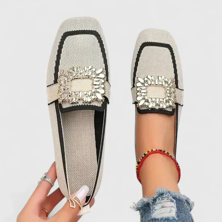 Isla | Jewelled Buckle Knit Loafers, colour Beige