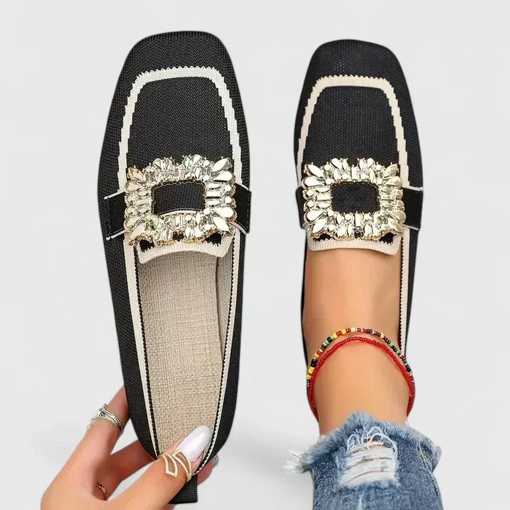 Isla | Jewelled Buckle Knit Loafers, colour Black