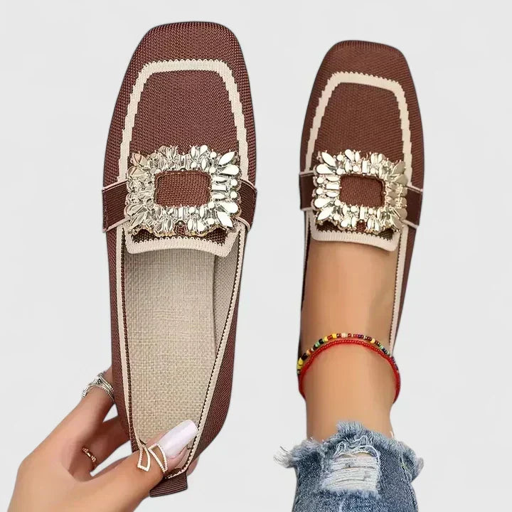 Isla | Jewelled Buckle Knit Loafers, colour Brown