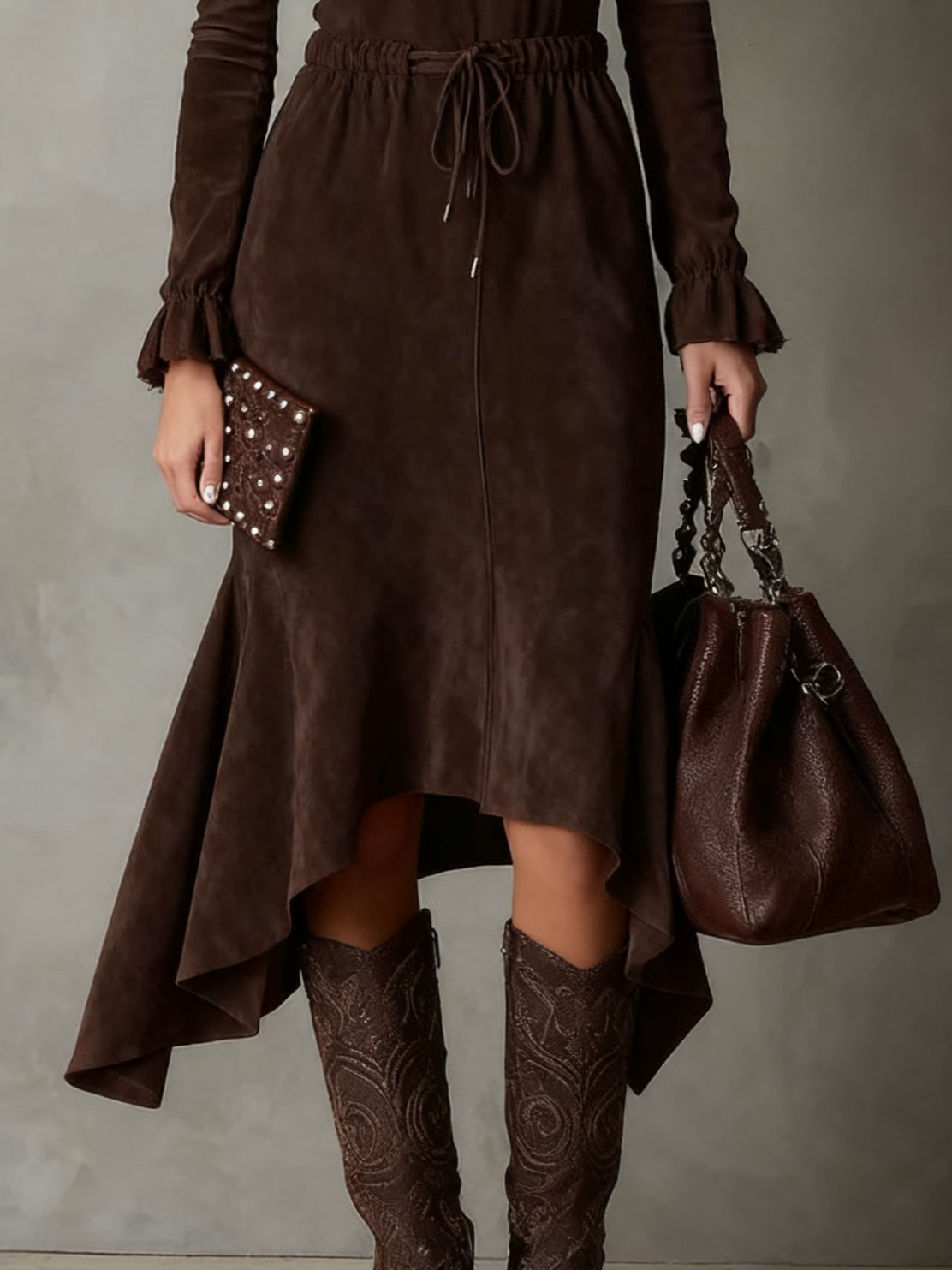 Jacinta | Suede-Look Tie Waist Midi Dress, colour Dark Brown