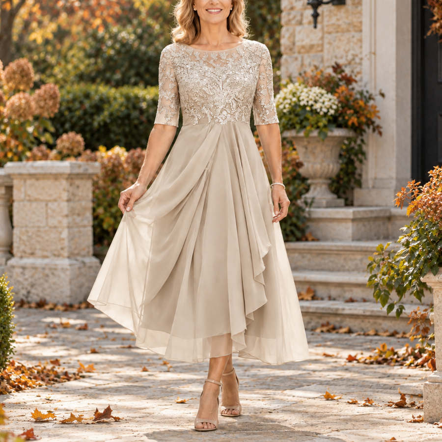 Jessamy | Champagne Lace Bodice Midi Dress