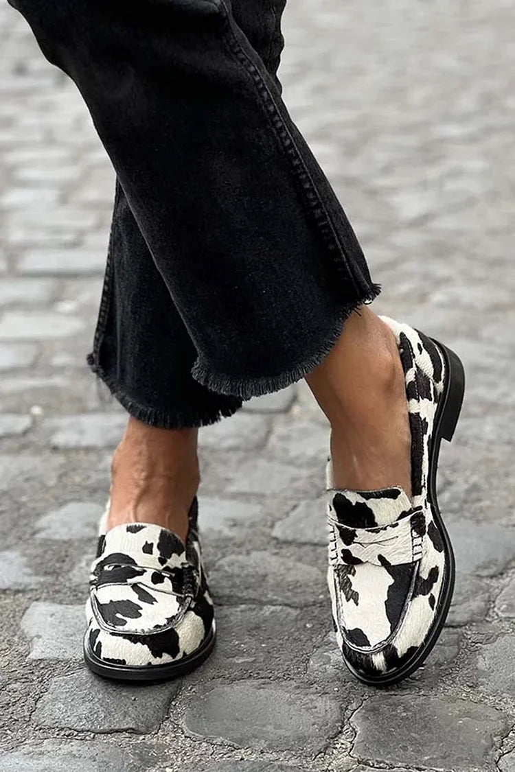 Jordana | Cow Print Lug Sole Loafers, colour Black and White