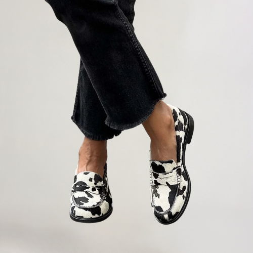 Jordana | Cow Print Lug Sole Loafers, colour Black and White