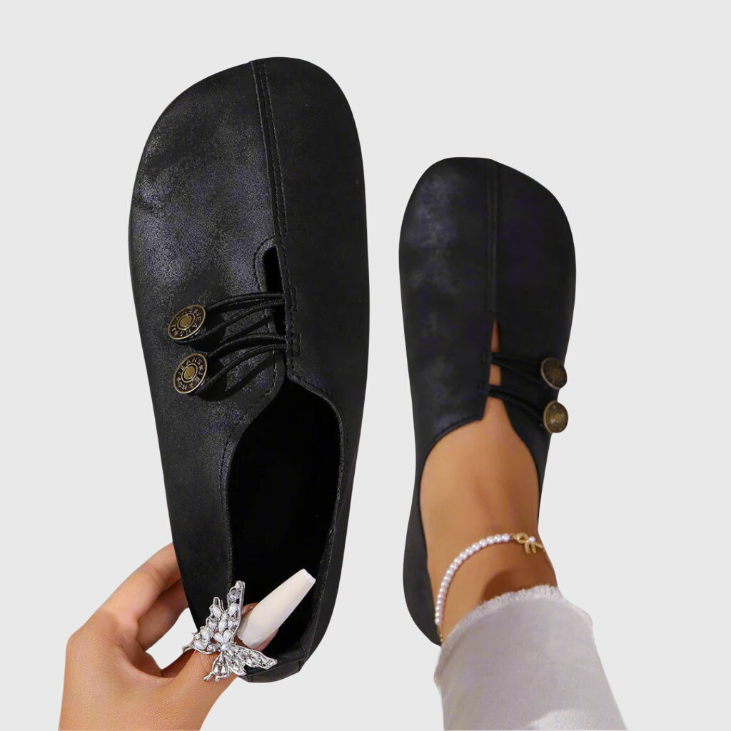 Avril | Soft Button Detail Slip-Ons, colour Washed Black