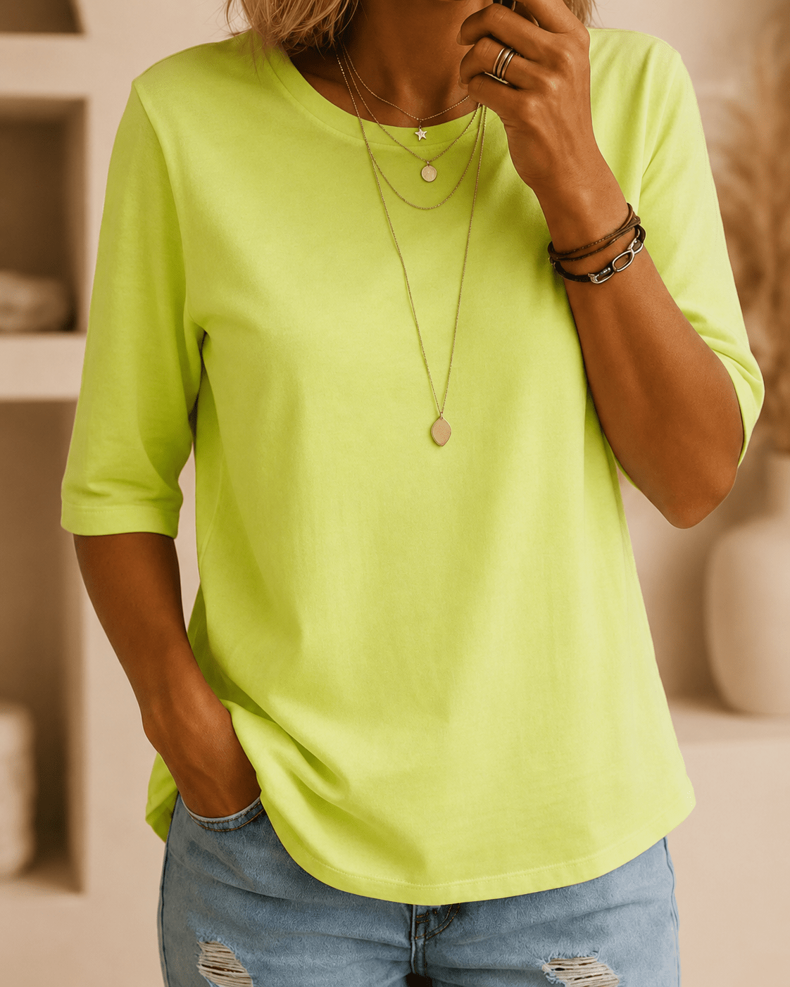 Julia | Neon Green Round Neck Tee, colour Neon Green