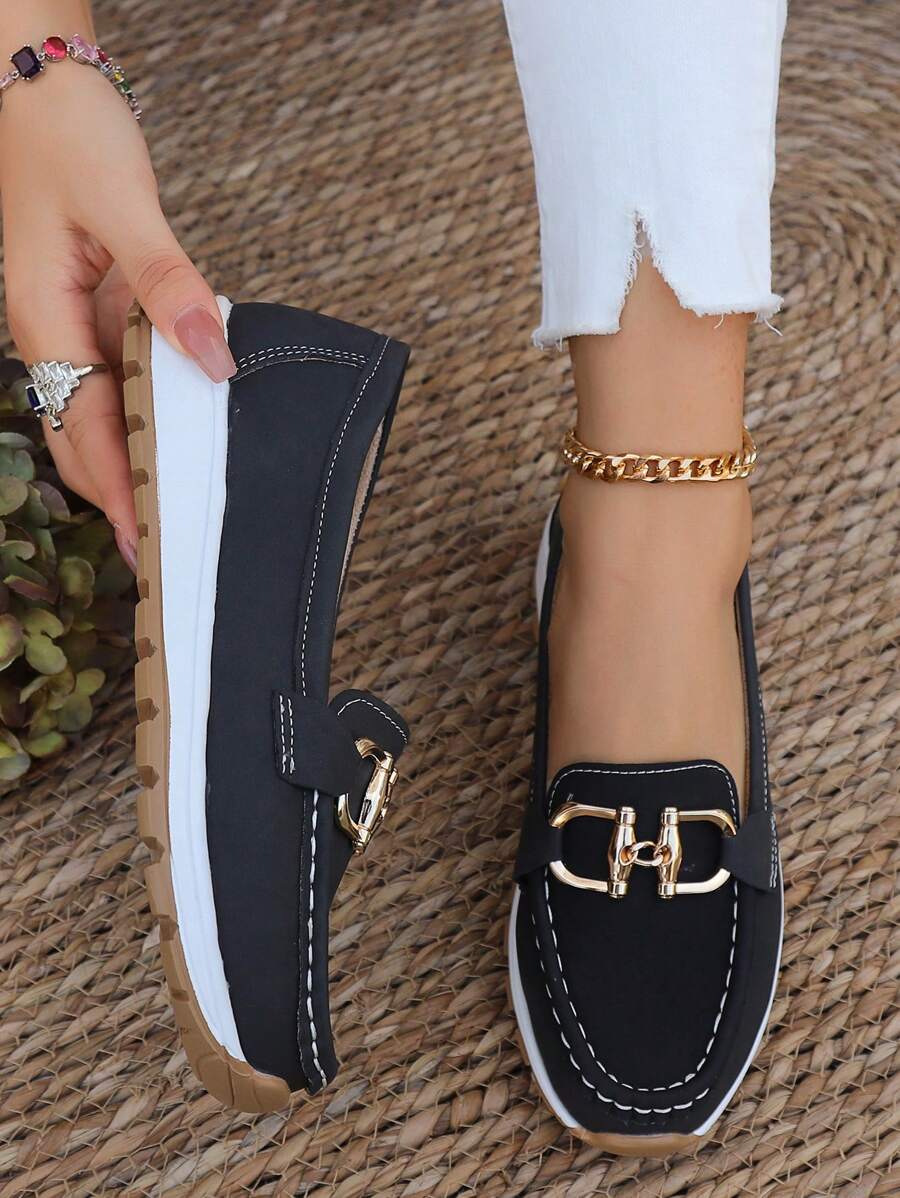 Kendra | Canvas-Look Chain Loafers, colour Black