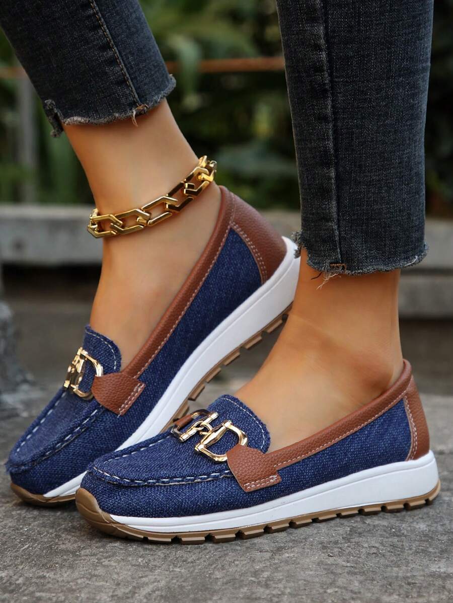 Kendra | Canvas-Look Chain Loafers, colour Navy Blue