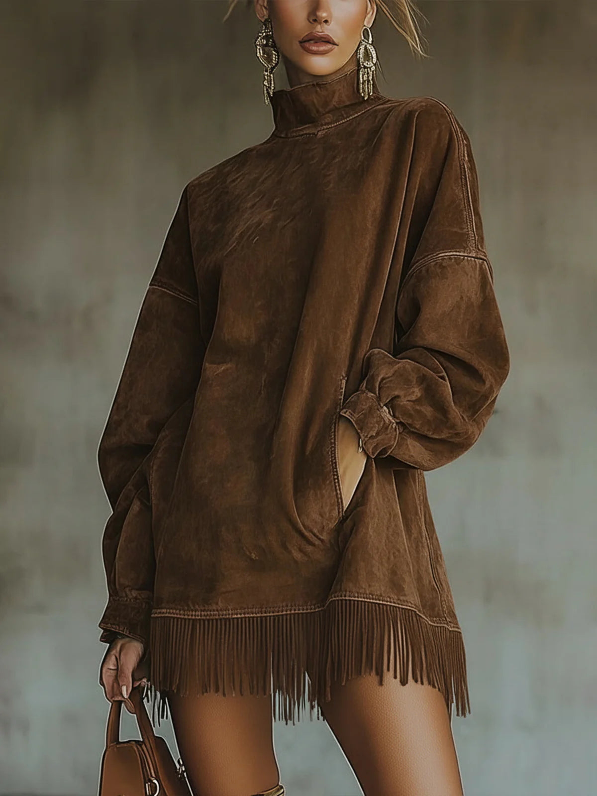 Larissa | Suede-Look Fringe Hem Turtleneck Dress, colour Brown