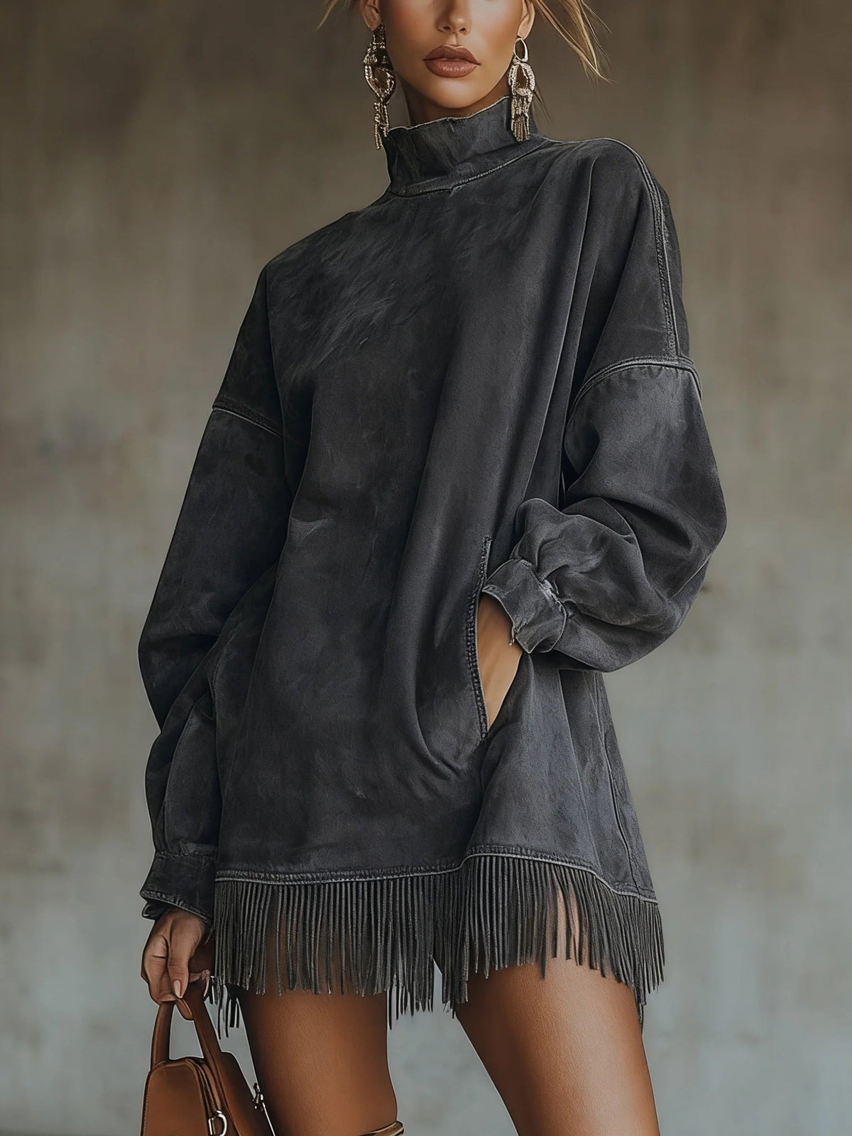 Larissa | Suede-Look Fringe Hem Turtleneck Dress, colour Dark Grey