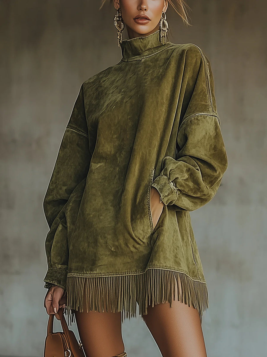 Larissa | Suede-Look Fringe Hem Turtleneck Dress