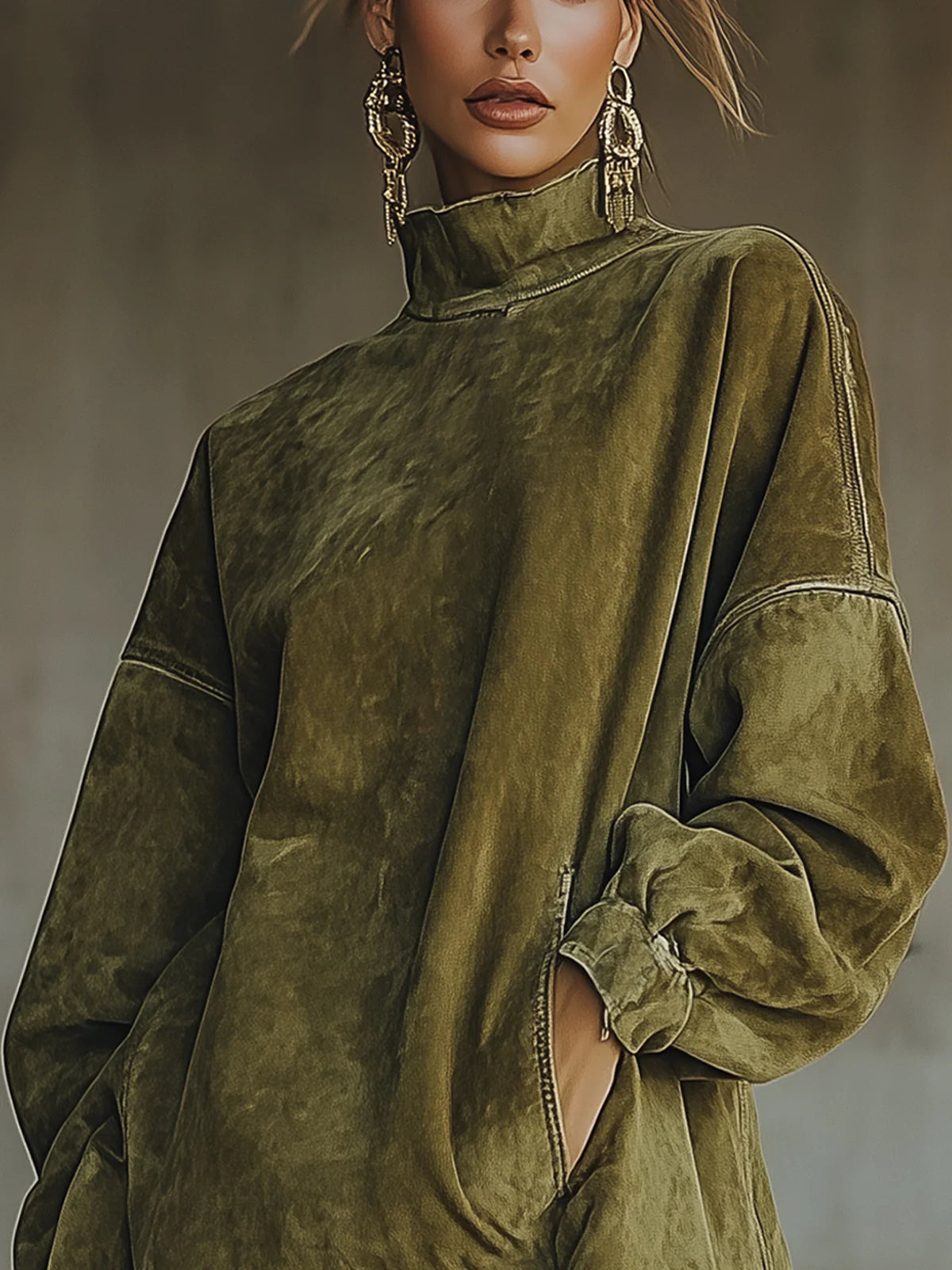 Larissa | Suede-Look Fringe Hem Turtleneck Dress, colour Olive