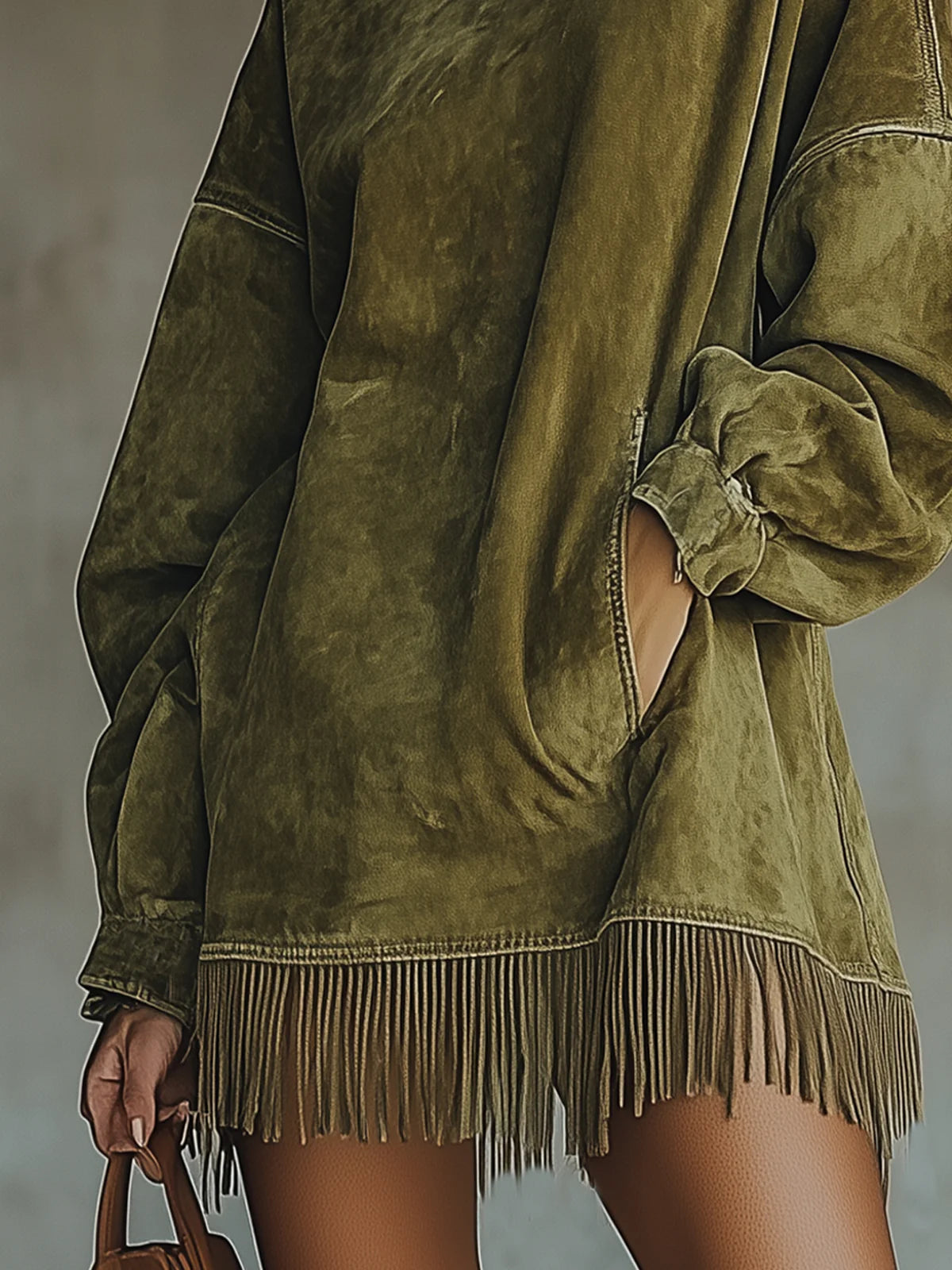 Larissa | Suede-Look Fringe Hem Turtleneck Dress, colour Olive