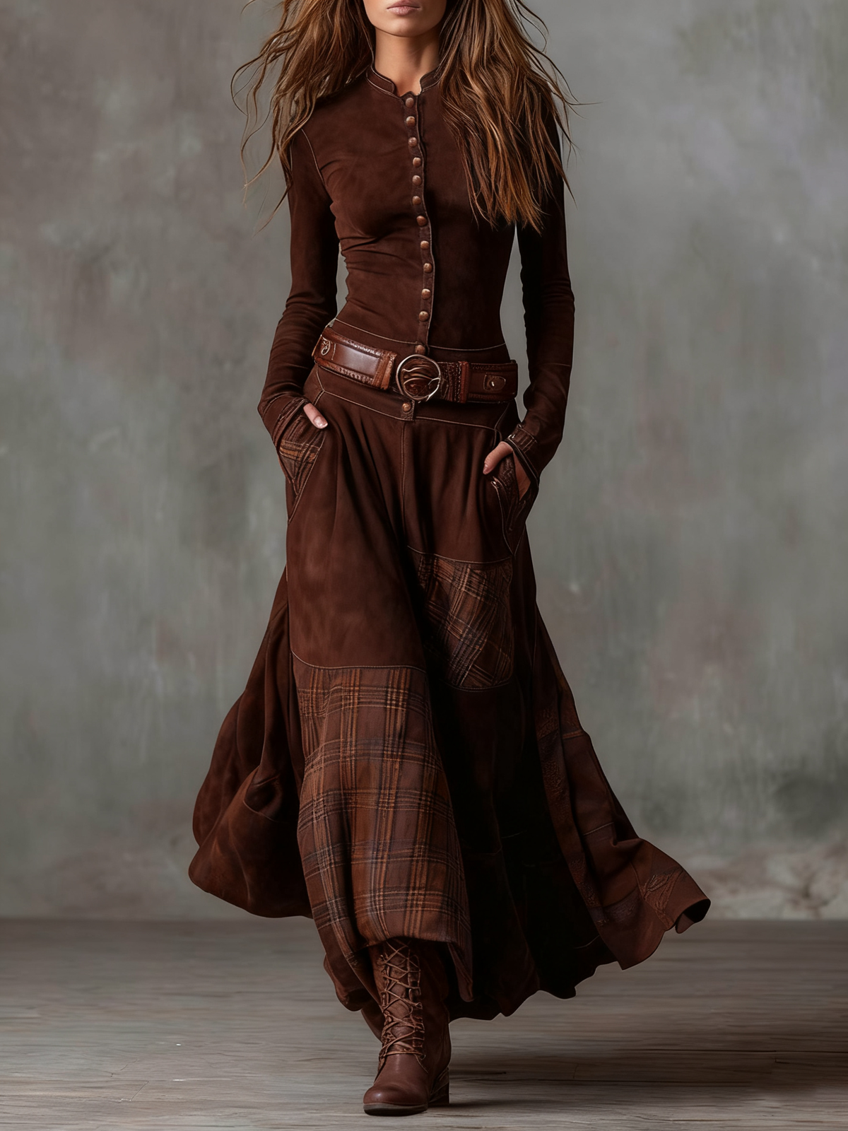 Lavinia | Suede-Look Patchwork Maxi Dress, colour Brown