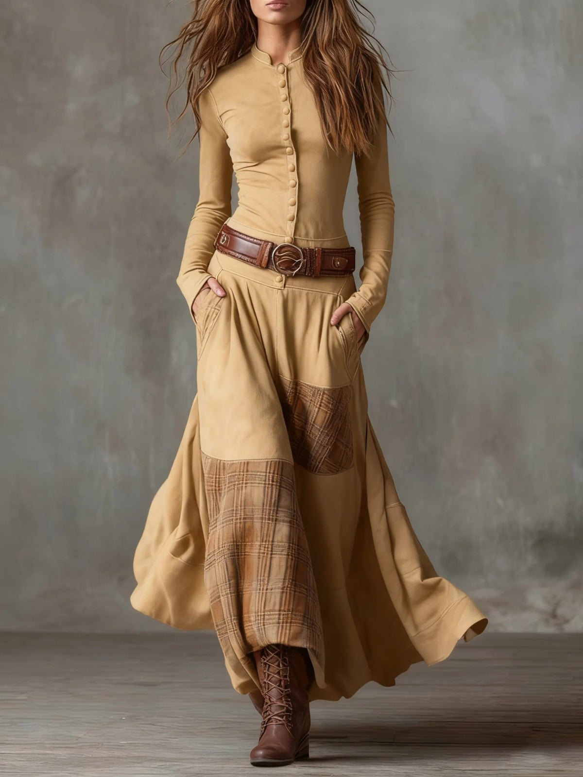 Lavinia | Suede-Look Patchwork Maxi Dress, colour Camel
