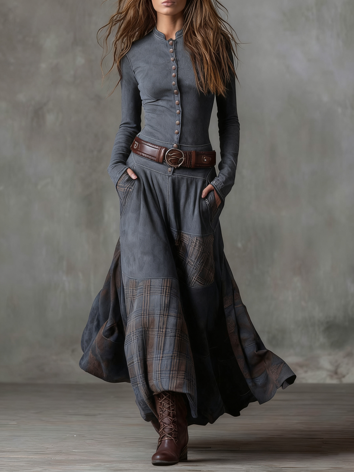 Lavinia | Suede-Look Patchwork Maxi Dress, colour Grey