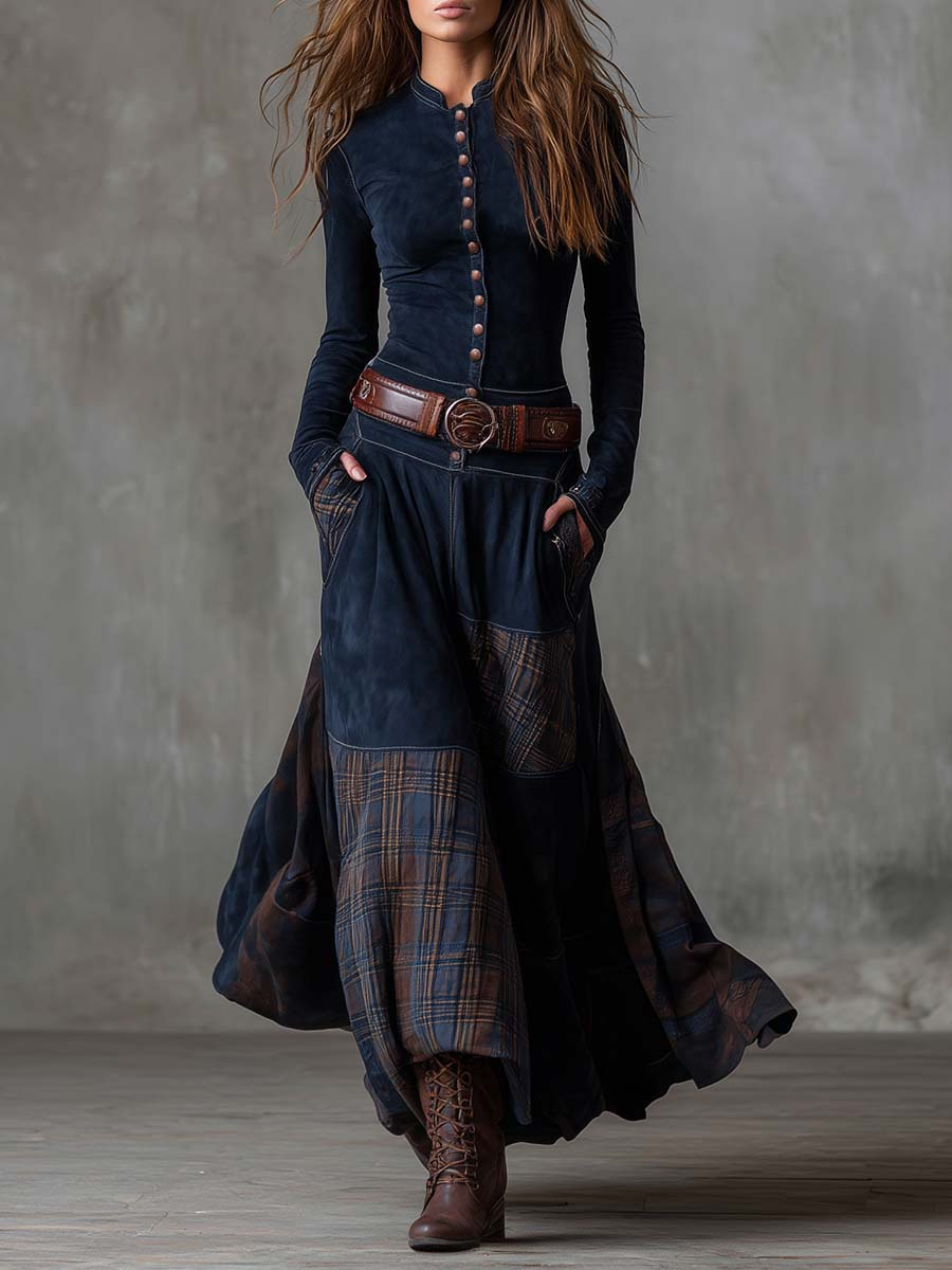Lavinia | Suede-Look Patchwork Maxi Dress, colour Navy