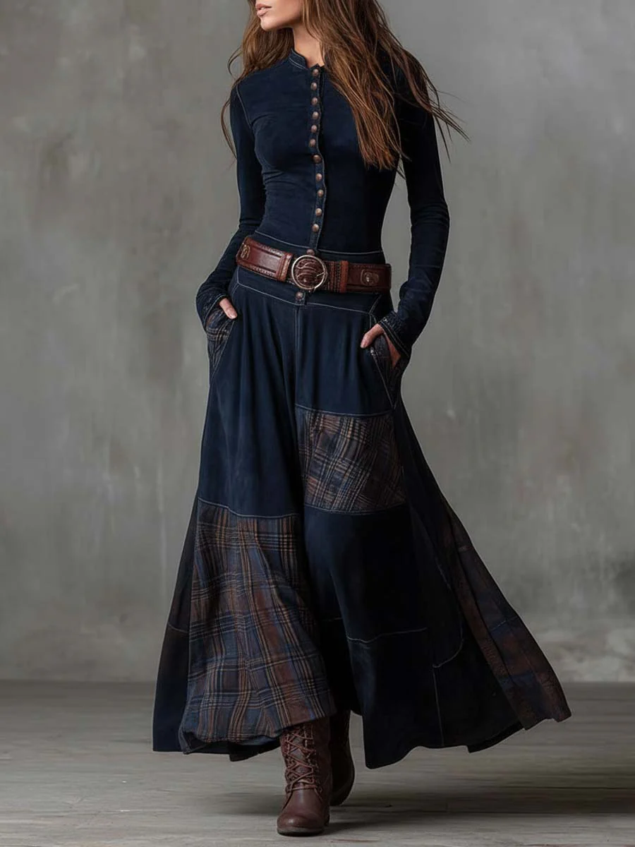 Lavinia | Suede-Look Patchwork Maxi Dress, colour Navy