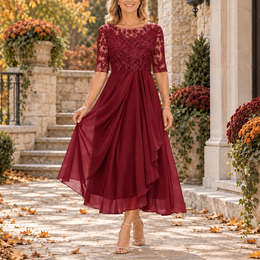 Lilias | Wine Red Lace Bodice Midi Dress