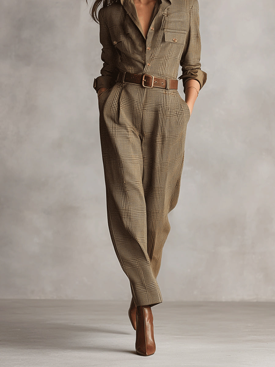 Lisette | Brown Check Belted Wide Leg Jumpsuit