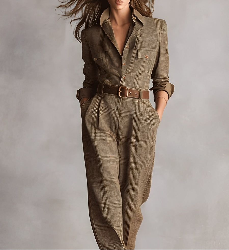 Lisette | Brown Check Belted Wide Leg Jumpsuit, colour Brown Check